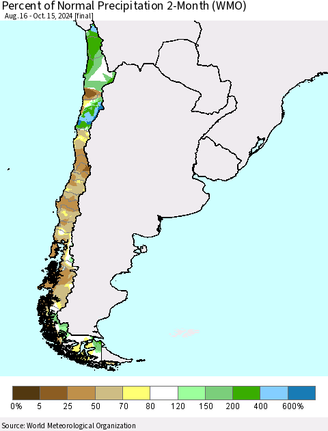 Chile Percent of Normal Precipitation 2-Month (WMO) Thematic Map For 8/16/2024 - 10/15/2024