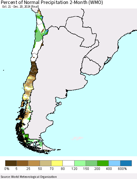 Chile Percent of Normal Precipitation 2-Month (WMO) Thematic Map For 10/21/2024 - 12/20/2024