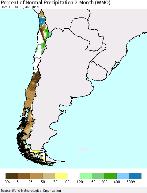 Chile Percent of Normal Precipitation 2-Month (WMO) Thematic Map For 12/1/2024 - 1/31/2025