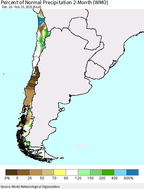 Chile Percent of Normal Precipitation 2-Month (WMO) Thematic Map For 12/16/2024 - 2/15/2025