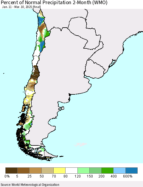 Chile Percent of Normal Precipitation 2-Month (WMO) Thematic Map For 1/11/2025 - 3/10/2025