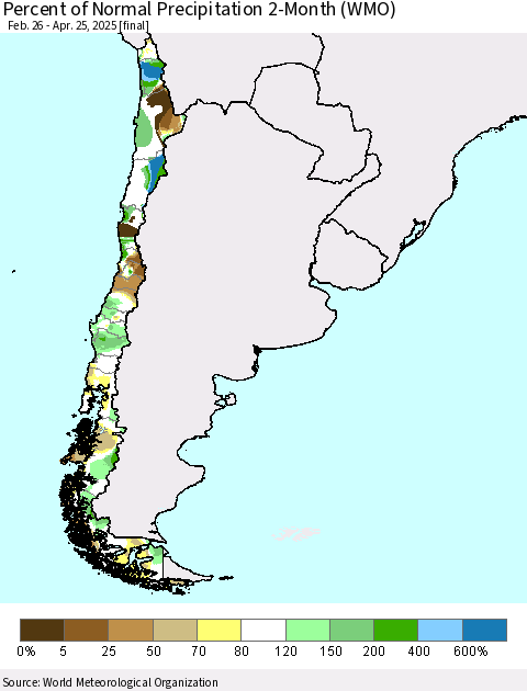 Chile Percent of Normal Precipitation 2-Month (WMO) Thematic Map For 2/26/2025 - 4/25/2025