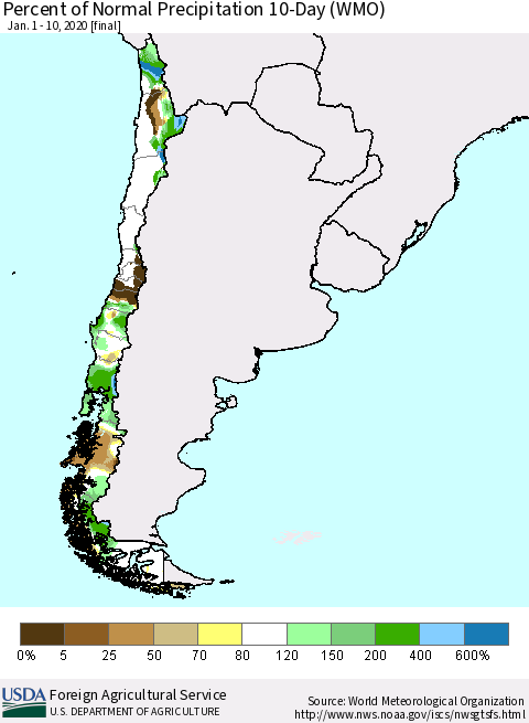 Chile Percent of Normal Precipitation 10-Day (WMO) Thematic Map For 1/1/2020 - 1/10/2020