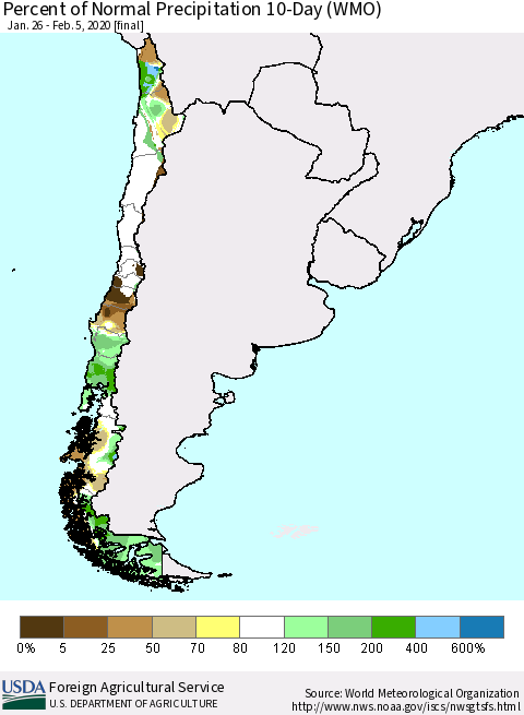 Chile Percent of Normal Precipitation 10-Day (WMO) Thematic Map For 1/26/2020 - 2/5/2020