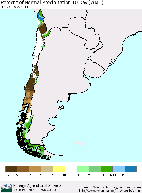 Chile Percent of Normal Precipitation 10-Day (WMO) Thematic Map For 2/6/2020 - 2/15/2020