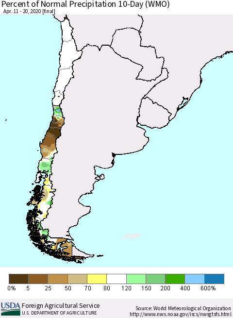 Chile Percent of Normal Precipitation 10-Day (WMO) Thematic Map For 4/11/2020 - 4/20/2020
