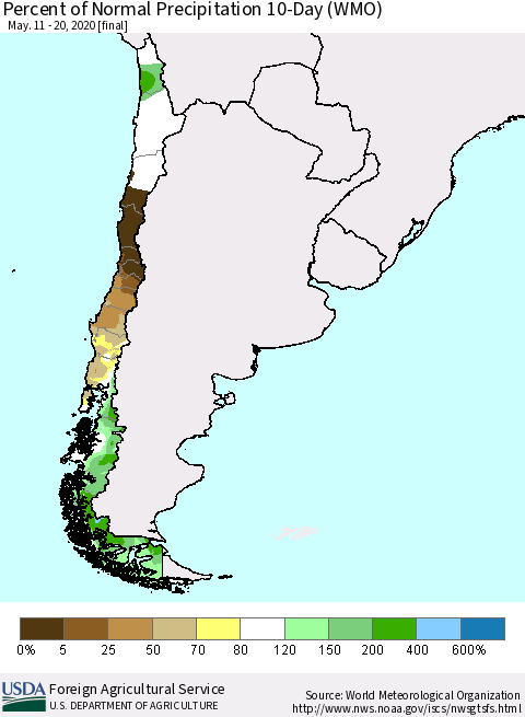 Chile Percent of Normal Precipitation 10-Day (WMO) Thematic Map For 5/11/2020 - 5/20/2020
