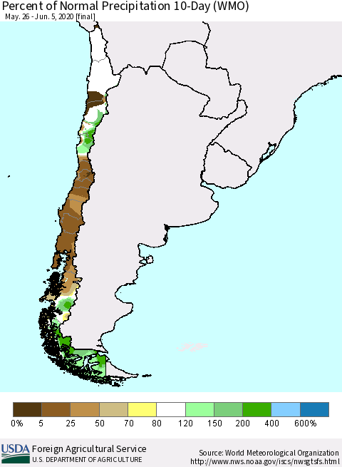 Chile Percent of Normal Precipitation 10-Day (WMO) Thematic Map For 5/26/2020 - 6/5/2020