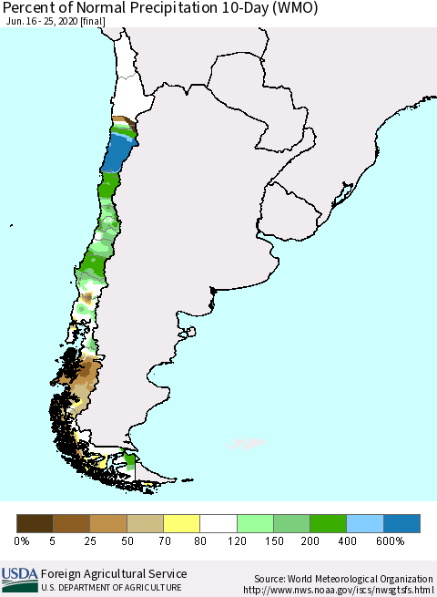 Chile Percent of Normal Precipitation 10-Day (WMO) Thematic Map For 6/16/2020 - 6/25/2020