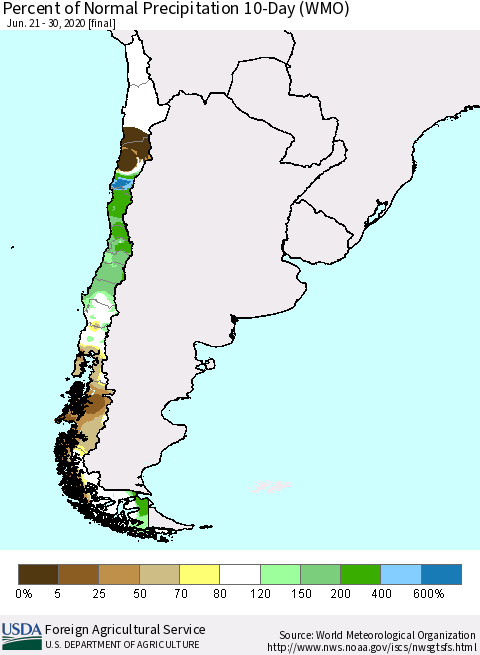 Chile Percent of Normal Precipitation 10-Day (WMO) Thematic Map For 6/21/2020 - 6/30/2020