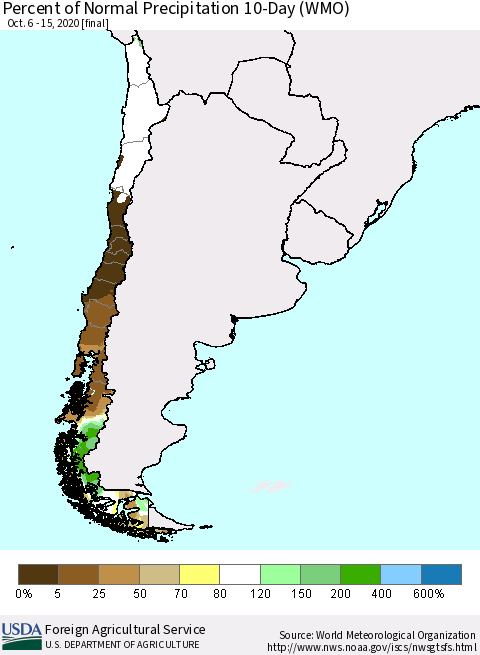 Chile Percent of Normal Precipitation 10-Day (WMO) Thematic Map For 10/6/2020 - 10/15/2020