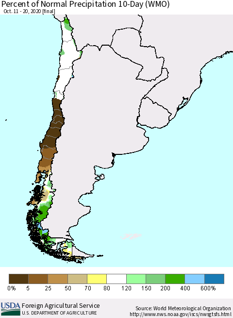 Chile Percent of Normal Precipitation 10-Day (WMO) Thematic Map For 10/11/2020 - 10/20/2020