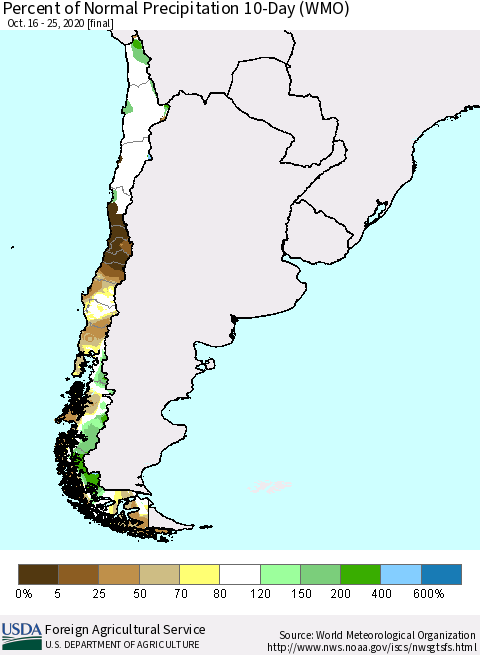 Chile Percent of Normal Precipitation 10-Day (WMO) Thematic Map For 10/16/2020 - 10/25/2020