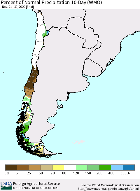 Chile Percent of Normal Precipitation 10-Day (WMO) Thematic Map For 11/21/2020 - 11/30/2020