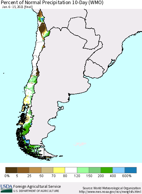 Chile Percent of Normal Precipitation 10-Day (WMO) Thematic Map For 1/6/2021 - 1/15/2021