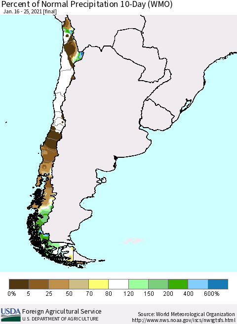 Chile Percent of Normal Precipitation 10-Day (WMO) Thematic Map For 1/16/2021 - 1/25/2021