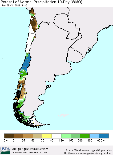 Chile Percent of Normal Precipitation 10-Day (WMO) Thematic Map For 1/21/2021 - 1/31/2021