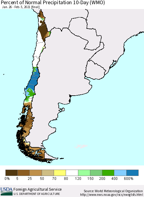 Chile Percent of Normal Precipitation 10-Day (WMO) Thematic Map For 1/26/2021 - 2/5/2021