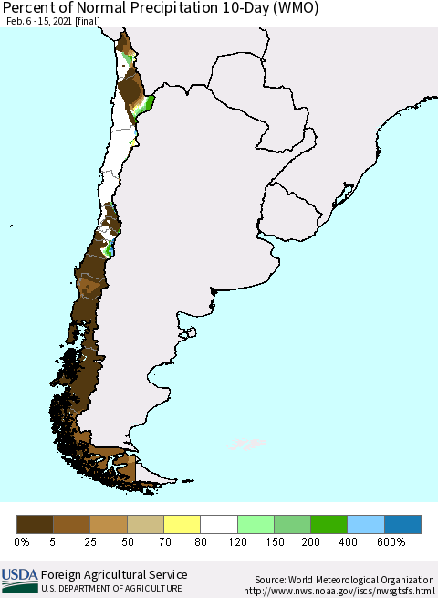 Chile Percent of Normal Precipitation 10-Day (WMO) Thematic Map For 2/6/2021 - 2/15/2021
