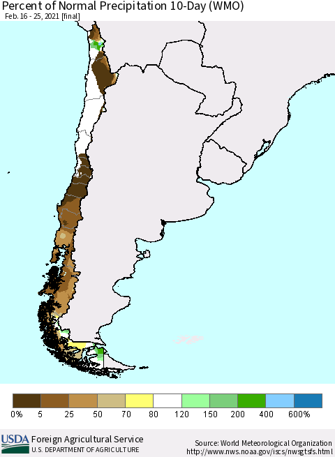 Chile Percent of Normal Precipitation 10-Day (WMO) Thematic Map For 2/16/2021 - 2/25/2021