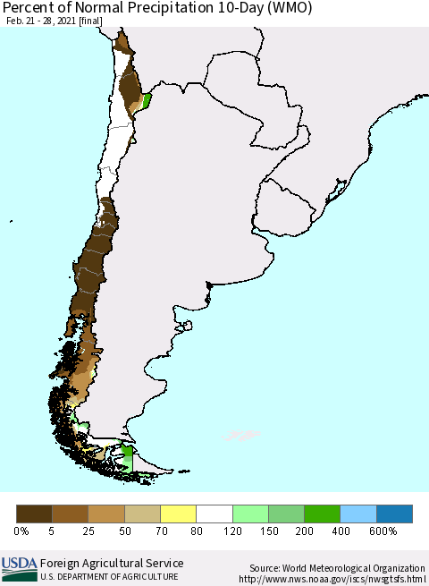 Chile Percent of Normal Precipitation 10-Day (WMO) Thematic Map For 2/21/2021 - 2/28/2021