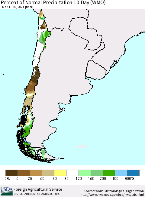 Chile Percent of Normal Precipitation 10-Day (WMO) Thematic Map For 3/1/2021 - 3/10/2021