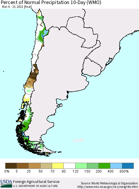Chile Percent of Normal Precipitation 10-Day (WMO) Thematic Map For 3/6/2021 - 3/15/2021