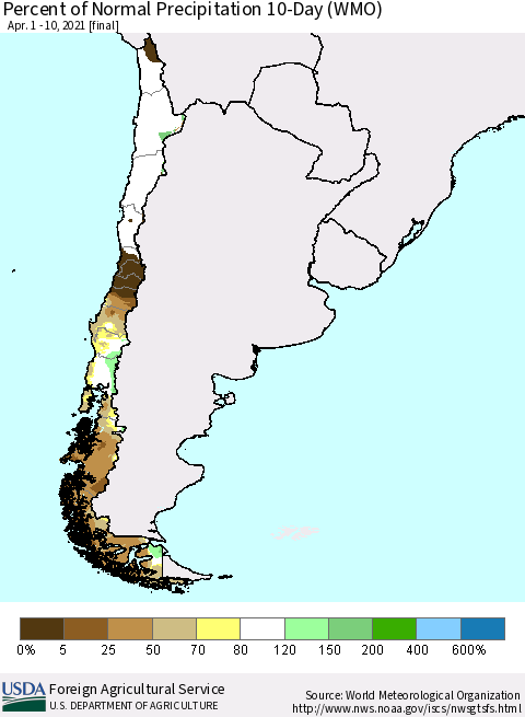 Chile Percent of Normal Precipitation 10-Day (WMO) Thematic Map For 4/1/2021 - 4/10/2021