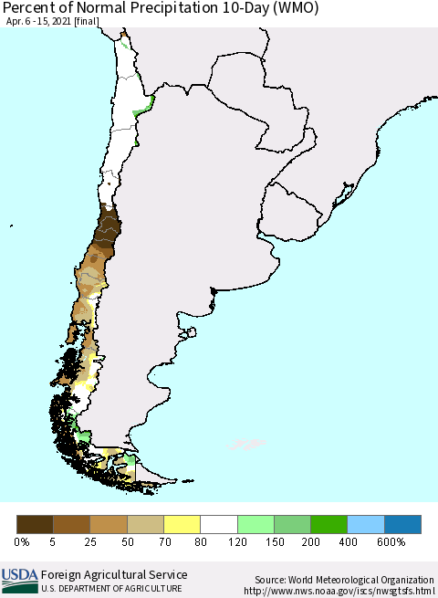 Chile Percent of Normal Precipitation 10-Day (WMO) Thematic Map For 4/6/2021 - 4/15/2021