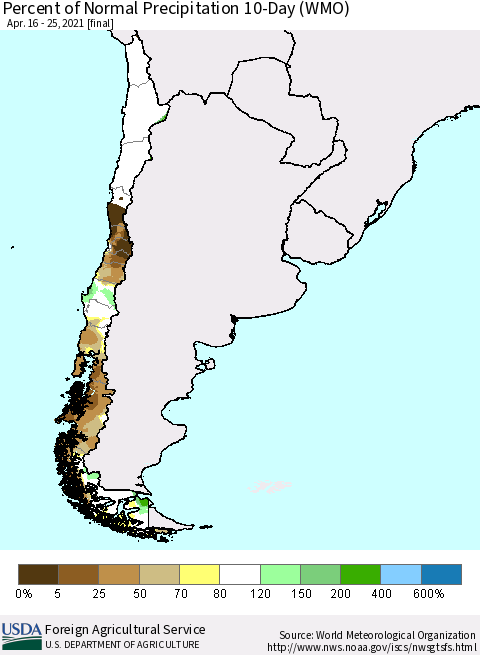 Chile Percent of Normal Precipitation 10-Day (WMO) Thematic Map For 4/16/2021 - 4/25/2021
