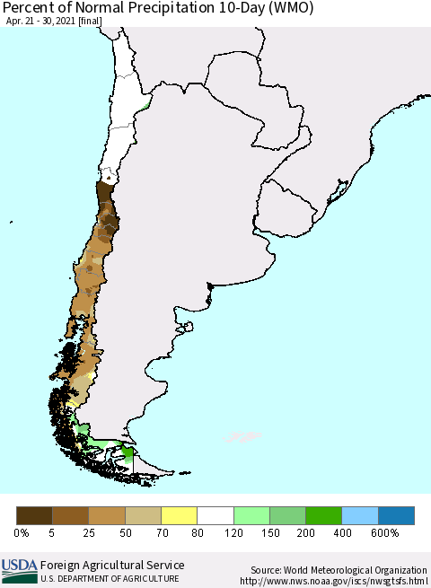 Chile Percent of Normal Precipitation 10-Day (WMO) Thematic Map For 4/21/2021 - 4/30/2021