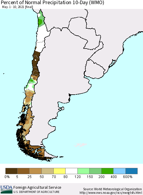 Chile Percent of Normal Precipitation 10-Day (WMO) Thematic Map For 5/1/2021 - 5/10/2021