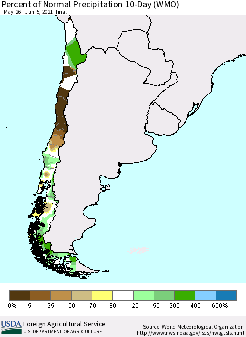 Chile Percent of Normal Precipitation 10-Day (WMO) Thematic Map For 5/26/2021 - 6/5/2021