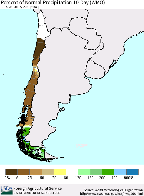 Chile Percent of Normal Precipitation 10-Day (WMO) Thematic Map For 6/26/2021 - 7/5/2021