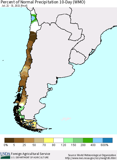 Chile Percent of Normal Precipitation 10-Day (WMO) Thematic Map For 7/21/2021 - 7/31/2021