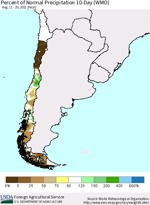 Chile Percent of Normal Precipitation 10-Day (WMO) Thematic Map For 8/11/2021 - 8/20/2021