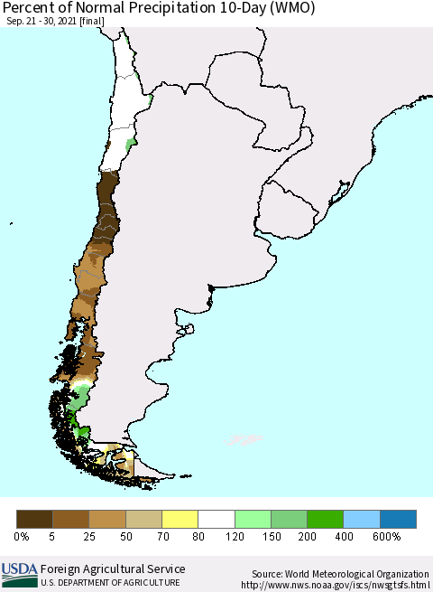 Chile Percent of Normal Precipitation 10-Day (WMO) Thematic Map For 9/21/2021 - 9/30/2021