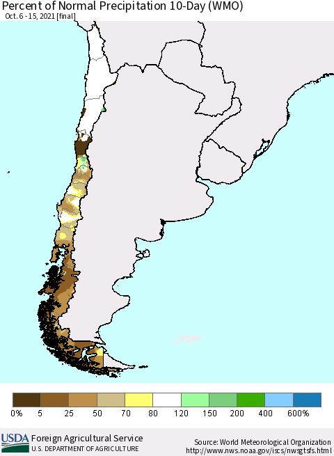 Chile Percent of Normal Precipitation 10-Day (WMO) Thematic Map For 10/6/2021 - 10/15/2021