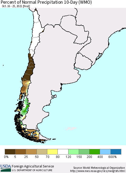 Chile Percent of Normal Precipitation 10-Day (WMO) Thematic Map For 10/16/2021 - 10/25/2021