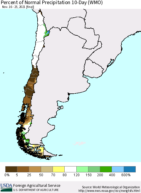 Chile Percent of Normal Precipitation 10-Day (WMO) Thematic Map For 11/16/2021 - 11/25/2021