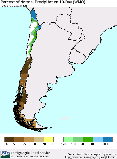 Chile Percent of Normal Precipitation 10-Day (WMO) Thematic Map For 12/1/2021 - 12/10/2021