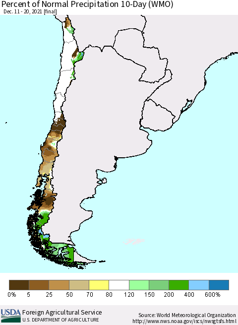 Chile Percent of Normal Precipitation 10-Day (WMO) Thematic Map For 12/11/2021 - 12/20/2021