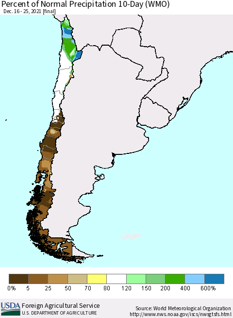 Chile Percent of Normal Precipitation 10-Day (WMO) Thematic Map For 12/16/2021 - 12/25/2021