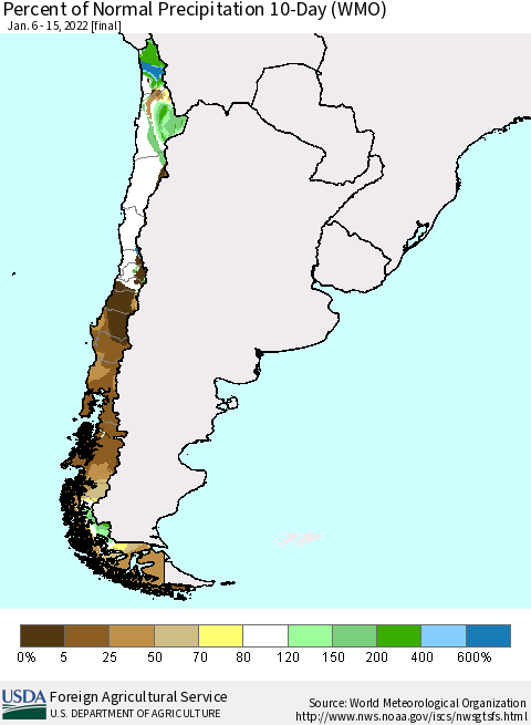 Chile Percent of Normal Precipitation 10-Day (WMO) Thematic Map For 1/6/2022 - 1/15/2022