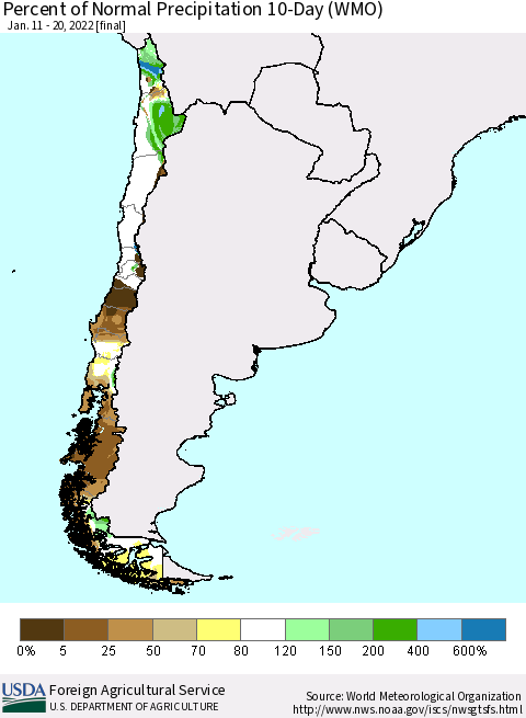 Chile Percent of Normal Precipitation 10-Day (WMO) Thematic Map For 1/11/2022 - 1/20/2022