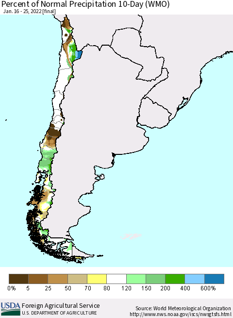 Chile Percent of Normal Precipitation 10-Day (WMO) Thematic Map For 1/16/2022 - 1/25/2022