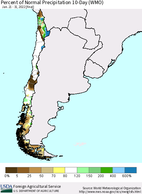 Chile Percent of Normal Precipitation 10-Day (WMO) Thematic Map For 1/21/2022 - 1/31/2022