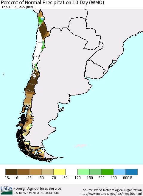 Chile Percent of Normal Precipitation 10-Day (WMO) Thematic Map For 2/11/2022 - 2/20/2022