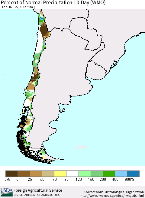 Chile Percent of Normal Precipitation 10-Day (WMO) Thematic Map For 2/16/2022 - 2/25/2022