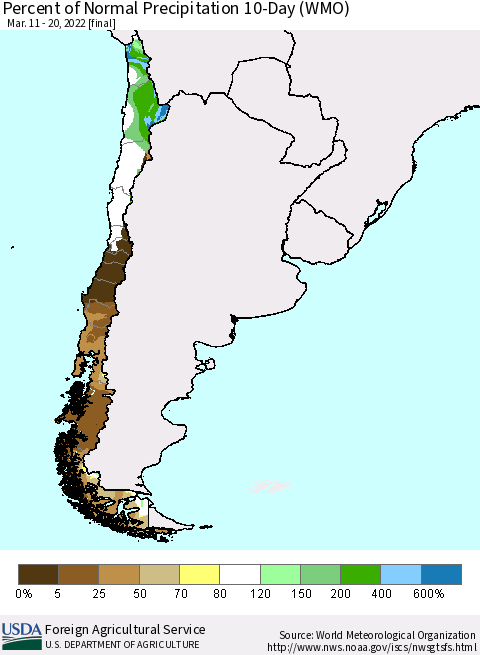Chile Percent of Normal Precipitation 10-Day (WMO) Thematic Map For 3/11/2022 - 3/20/2022